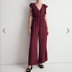 Deep V red ruffled jumpsuit
